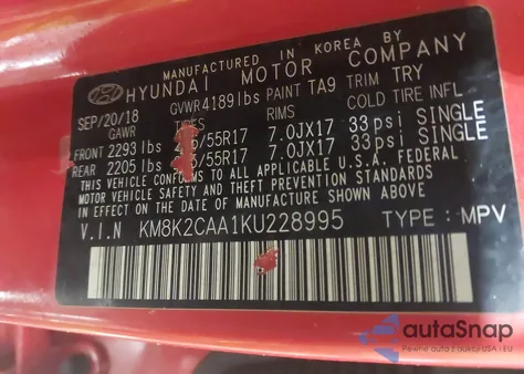 2019 Hyundai Kona Sel z USA, uszkodzony, nr VIN KM8K2CAA1KU228995